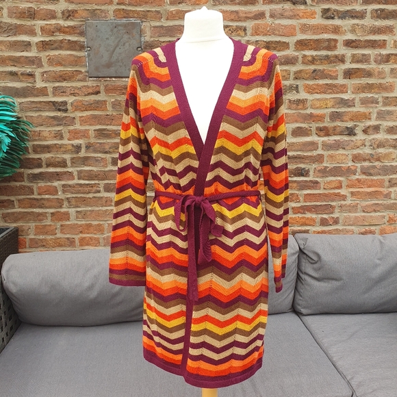 Monsoon Sweaters - Monsoon Wool Blend Long Wrap Cardigan Chevrons L Purple Orange.